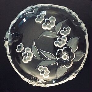 Two Vintage Crystal Dessert Plates Frosted Cherry Blossoms on Satin Glass